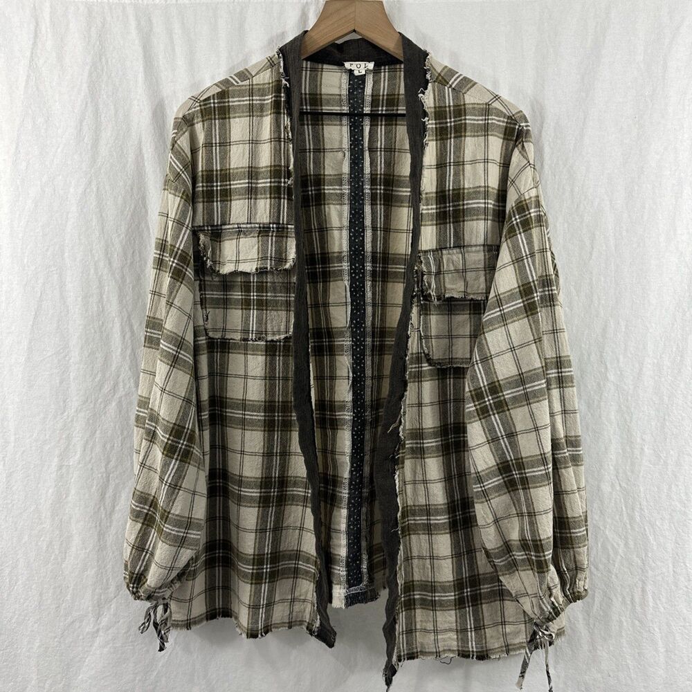 POL Plaid Open Front Peasant Sleeve Oversized Crochet Detail Kimono Top Sz L